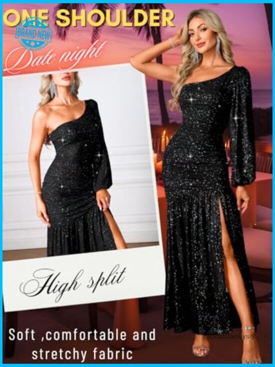 Sparkly Sequin Prom Dress One Shoulder Ruched High Slit Formal Evening Gown - Picture 4 of 7
